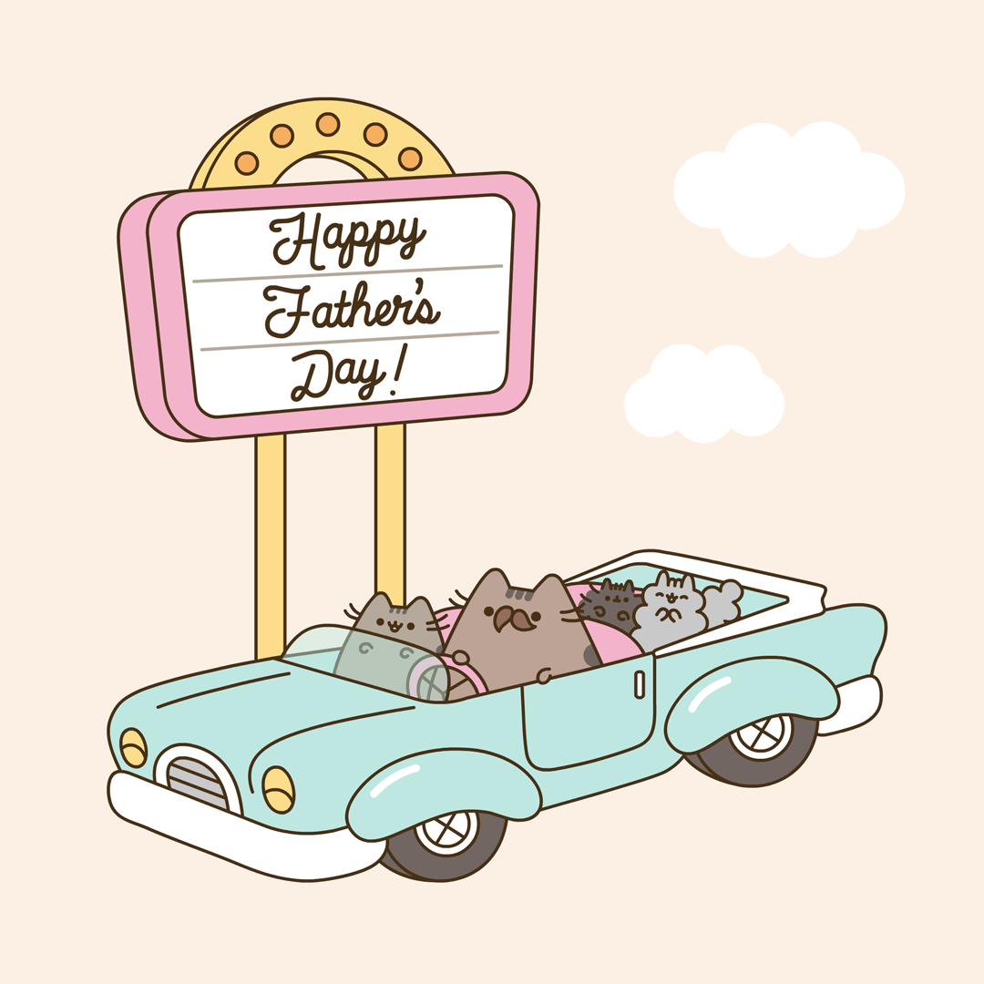 Image of a cartoon cat family in a convertable car under a sign that reads "Happy Father's Day!"