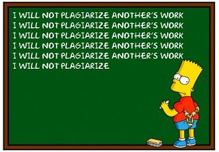 Bart Simpson writing "I will not plagiarize another's work" over and over on the chalkboard.