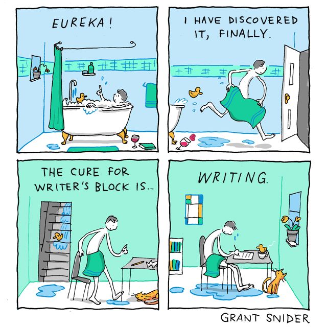 A comic depicting a man who has found the cure for writer's block