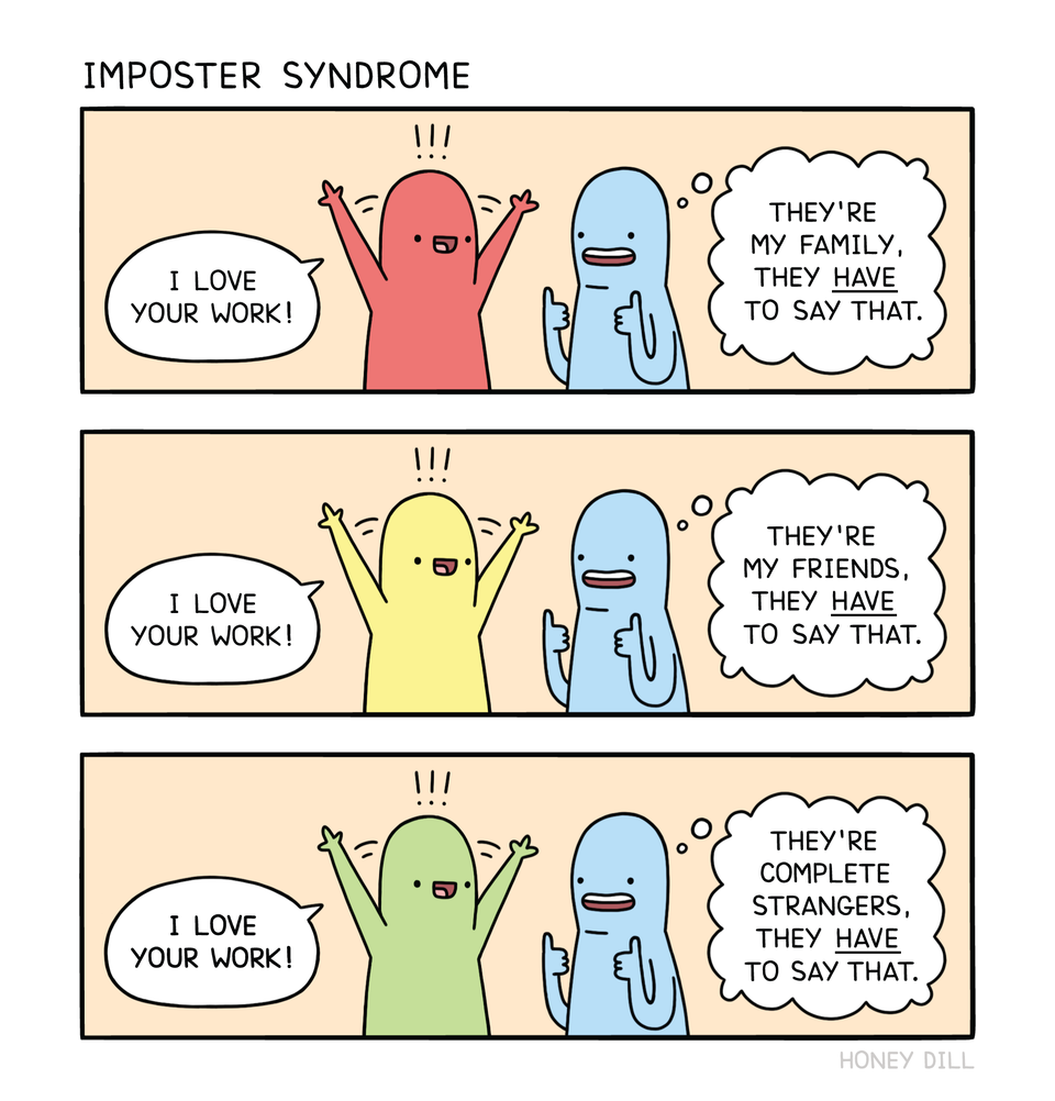 Comic depecting little characters talking about imposter syndrome.