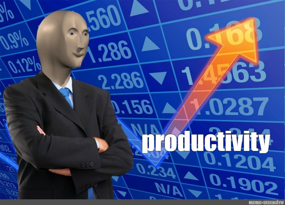 computer generated man with stock market numbers behind him. the word "productivity" across the image