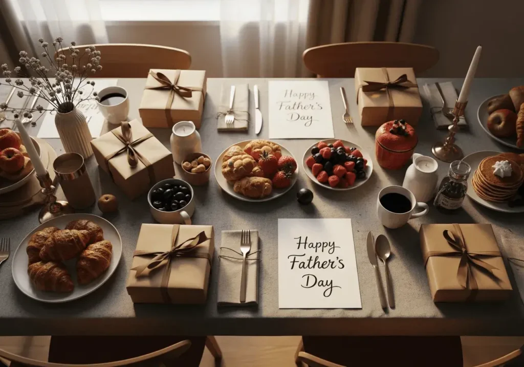 An AI-generated Happy Father's Day image showing a Father's Day breakfast