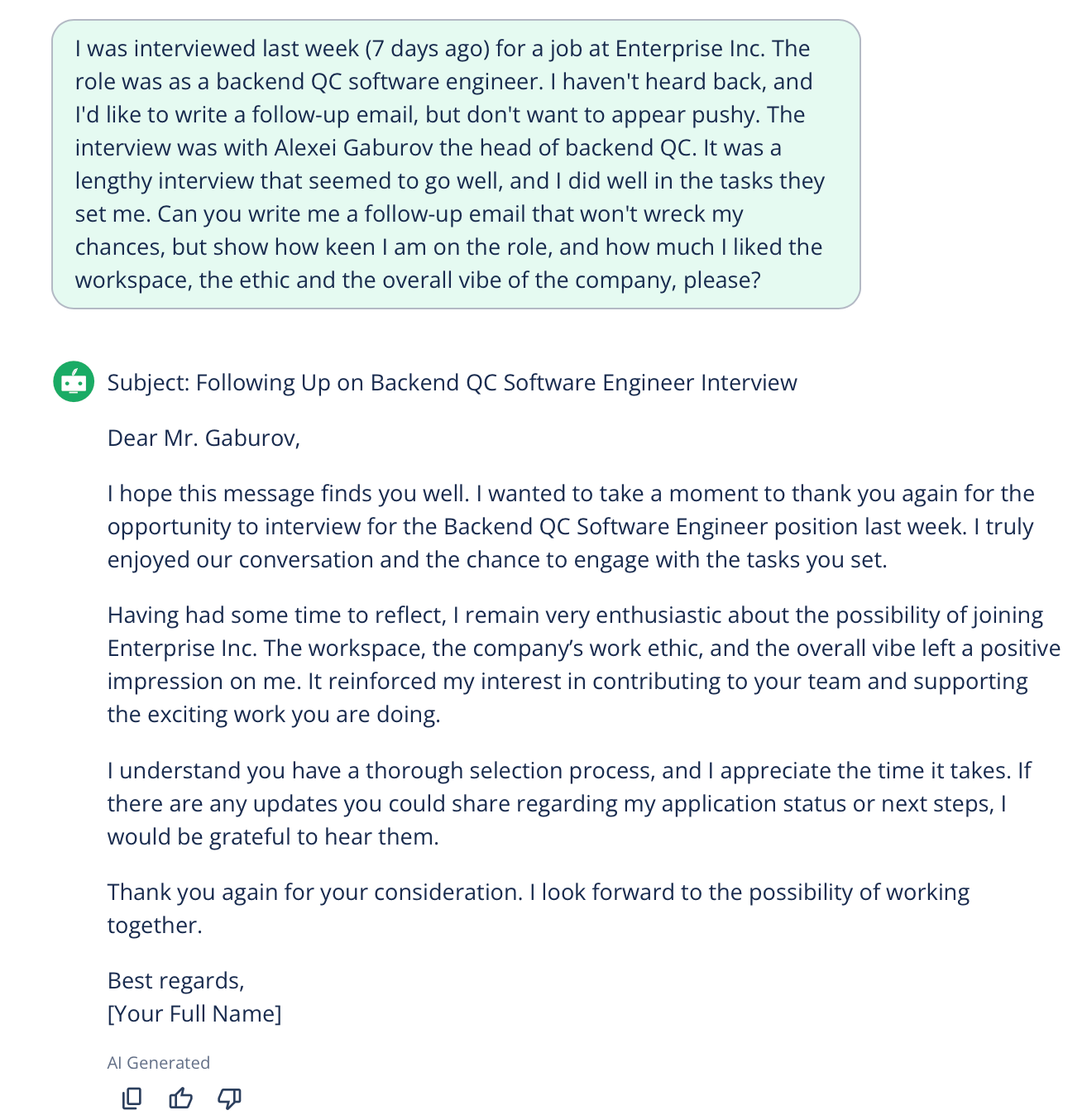 Screenshot of the prompt and response from an AI follow-up email generator