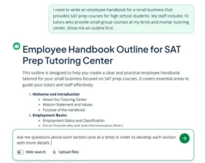 Screenshot of a prompt on QuillBot's AI employee handbook generator