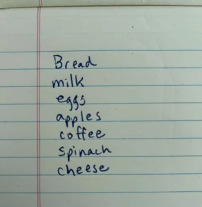 Photo of a handwritten grocery list before it's converted to machine-readable text by an image to text converter