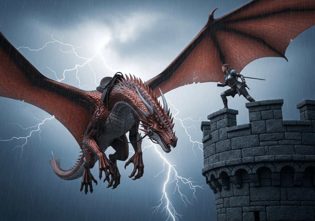 AI-generated image of a dragon flying near a castle