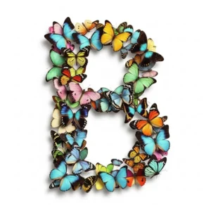 Capital letter B made from a variety of colorful butterflies