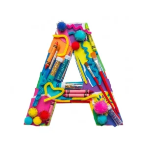 Capital letter A formed with a collage of 3D style art supplies for kids