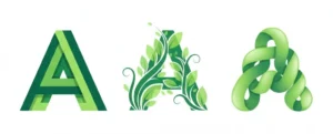 Three letter A designs from left to right, geometric, floral, and abstract