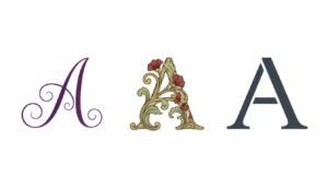 Cursive letter A, floral letter A, and modern letter A with space between the strokes