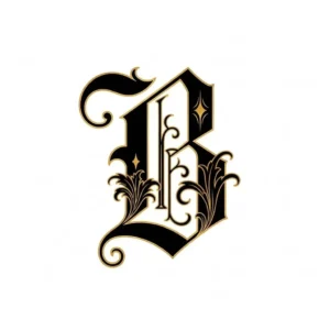 Capital B in Old English style lettering with black and gold details