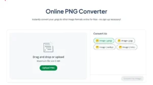 Screenshot of QuillBot's Online PNG Converter, with an upload feature on the left and options to convert to JPG, JPEG, WEBP, or HEIC on the right