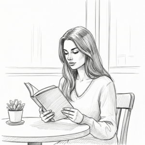 Pencil sketch of a young woman sitting at a café table reading a book, created with an AI sketch generator.