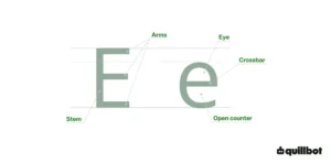 Diagram of capital E and lowercase E with the stem, arms, and eye labeled