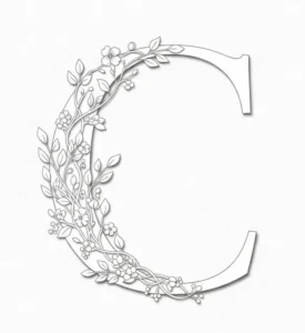 Black outline of letter C with cherry blossoms cascading around the curve
