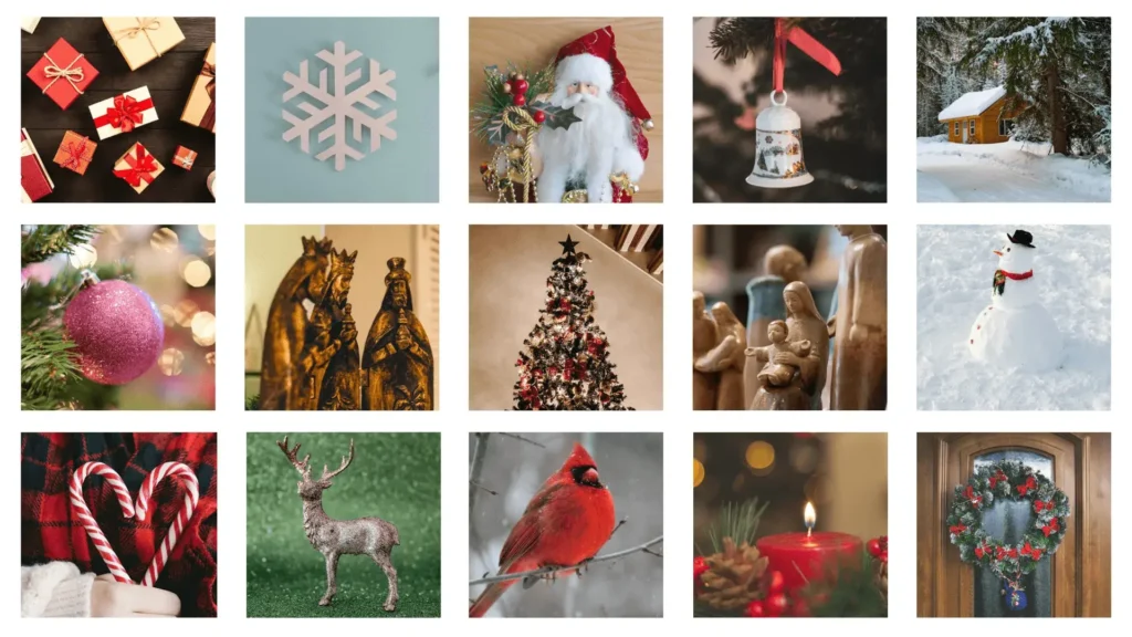 A grid of Christmas symbols typically found in Christmas card designs