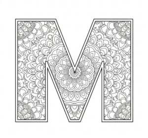 Block letter capital M with black mandala-style shapes inside for a coloring page