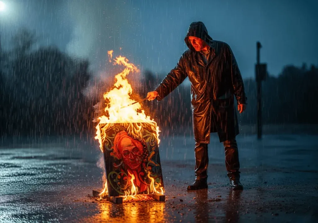 An AI-generated image of an artist burning a painting