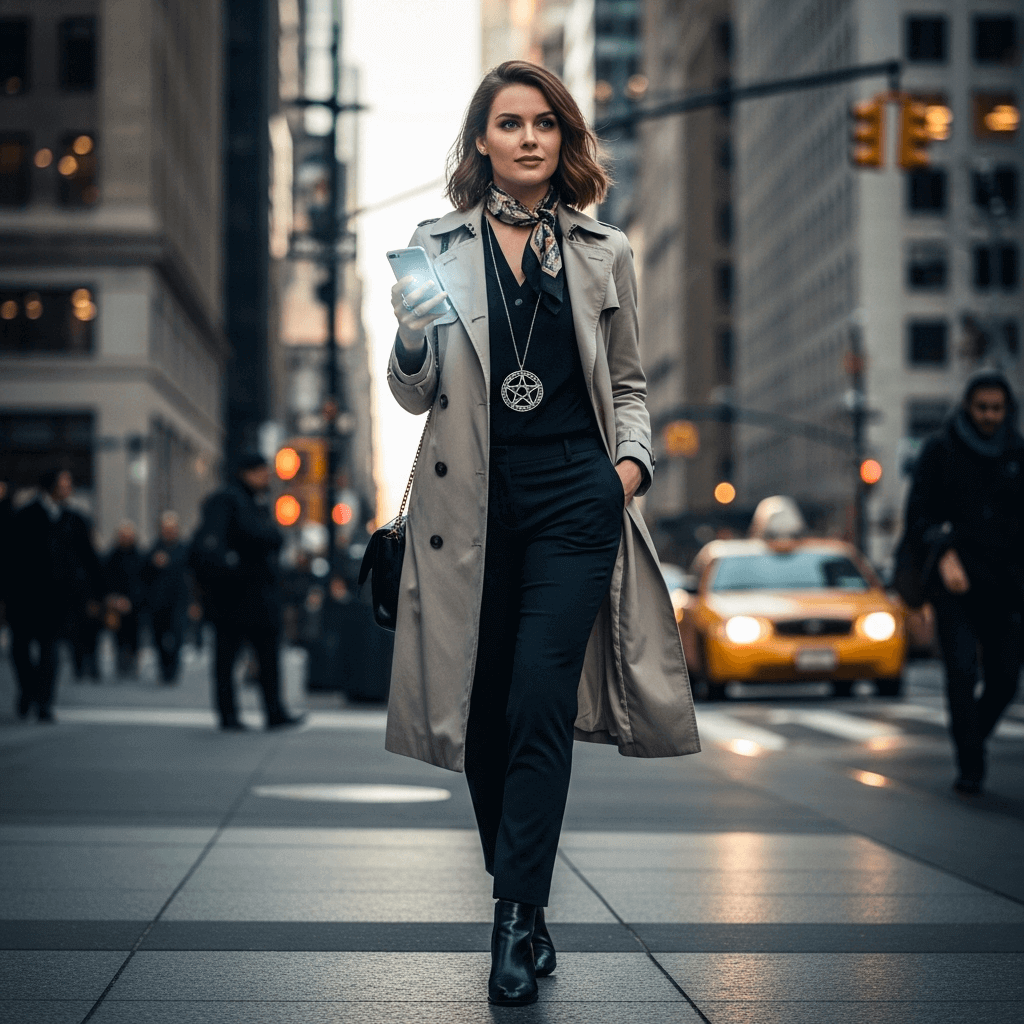 An AI-generated character design of a modern witch living in New York City