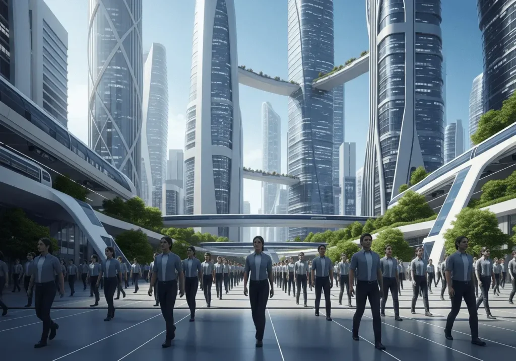 An AI-generated image of a futuristic city full of clones