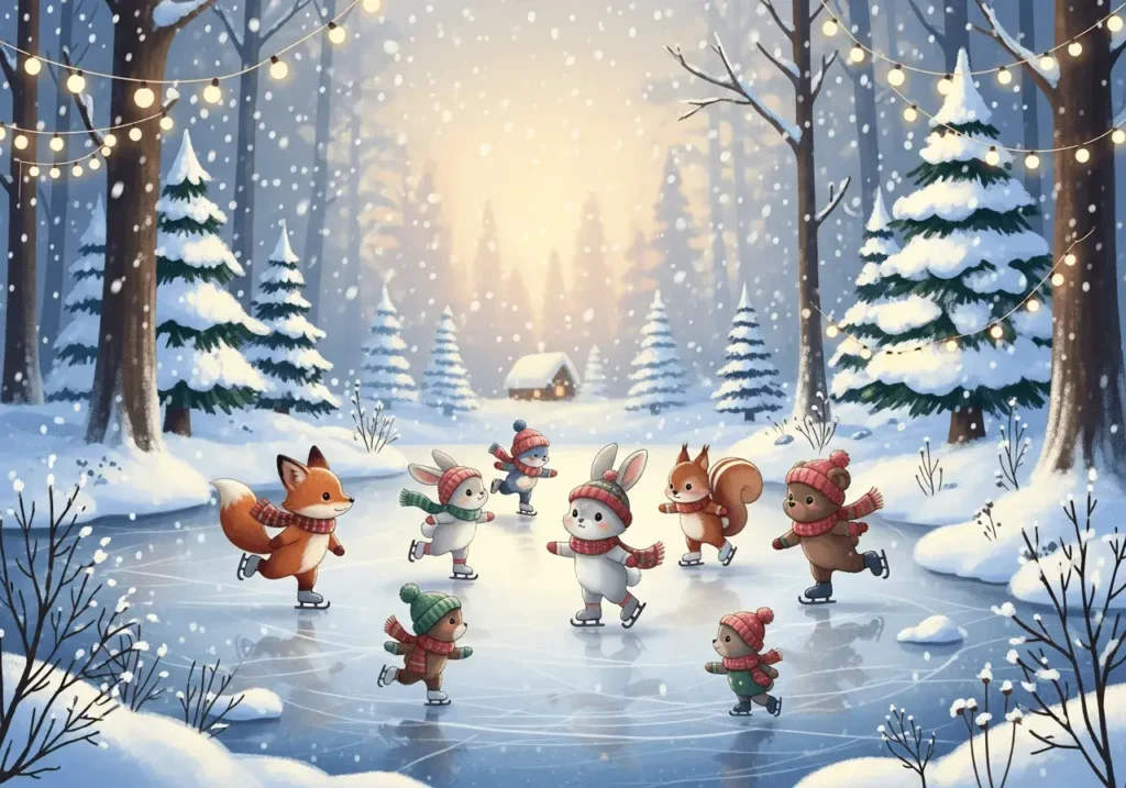 An AI-generated image of woodland creatures ice skating