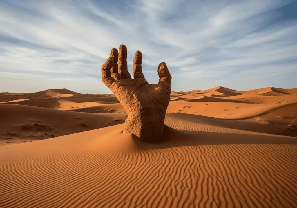 An AI-generated image of a hand coming up through desert sand