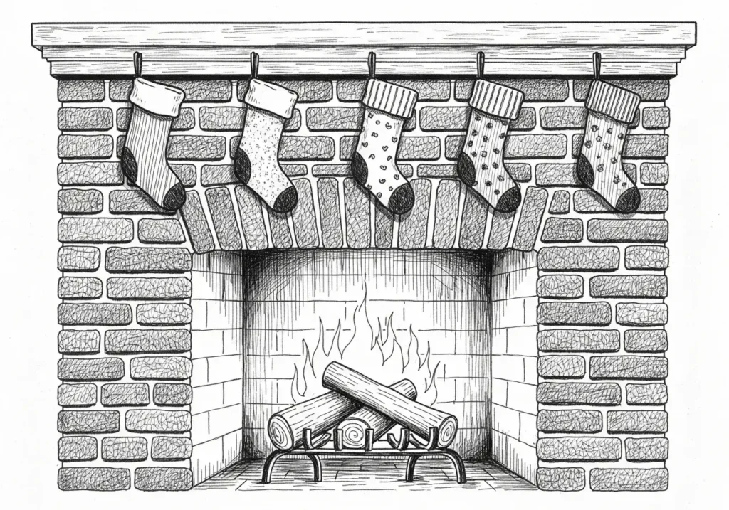 An AI-generated image of a drawn fireplace with stockings