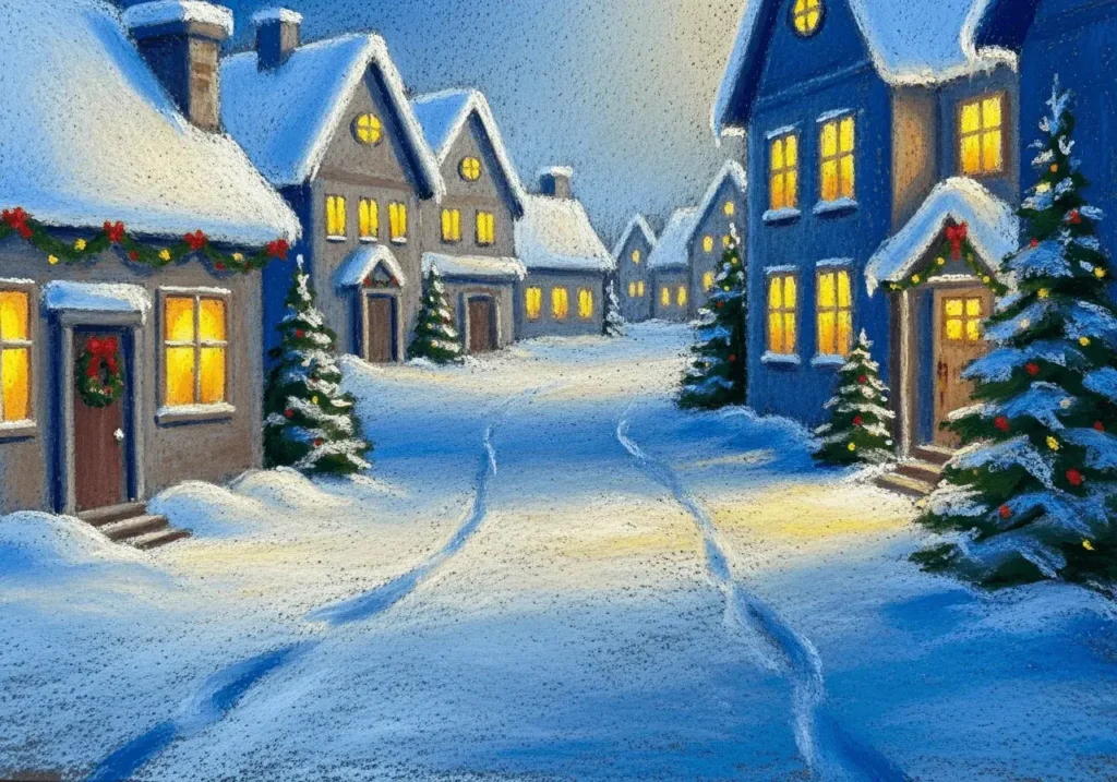 An AI-generated image of a cozy Christmas village rendered in pastel