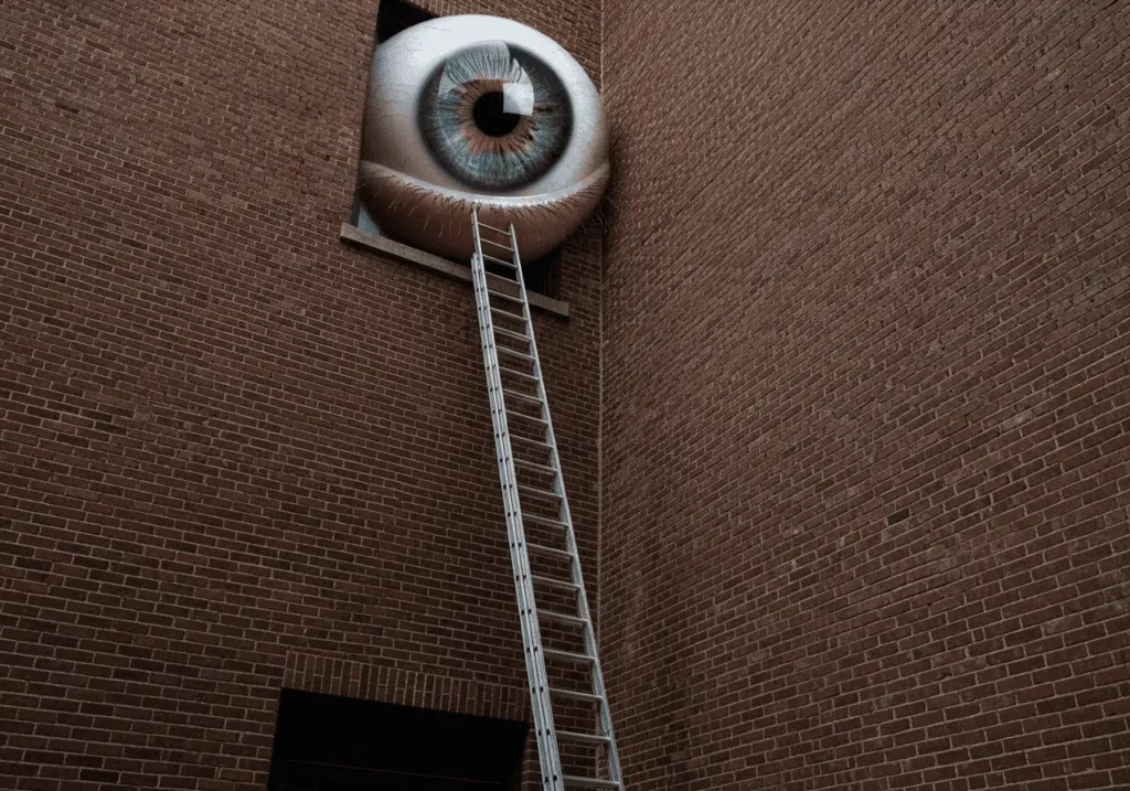 An AI-generated image of a ladder leading up a brick wall to an eyeball