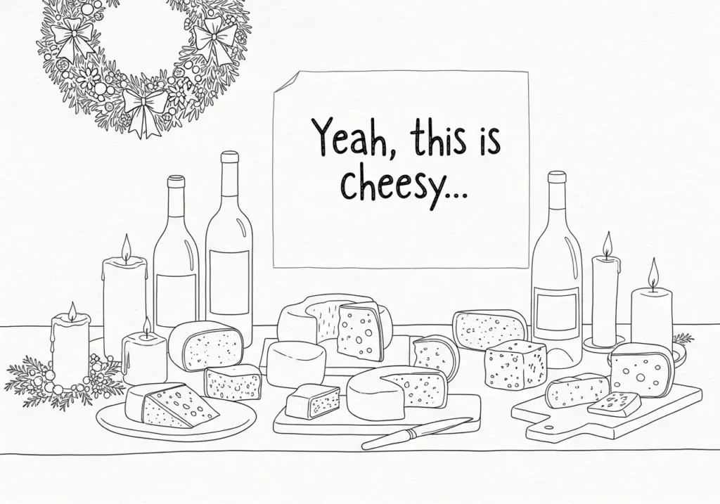 An AI-generated image of a Christmas drawing of wine and cheese