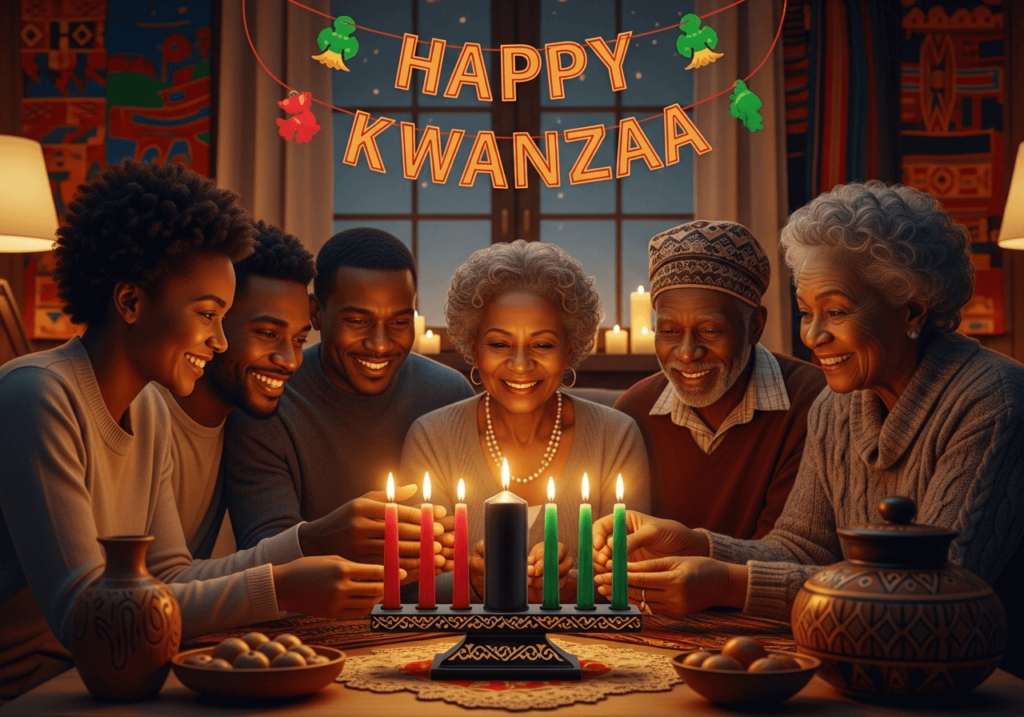 An image of a family around a kinara with the words "Happy Kwanzaa"
