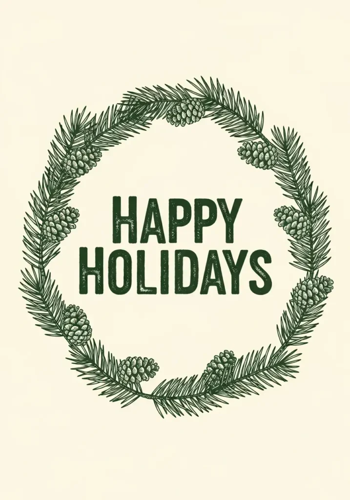 An AI-generated image of a pine wreath around the words "Happy Holidays"