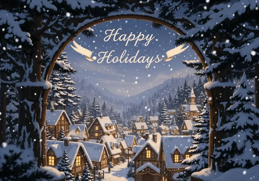 An AI-generated image of a cozy winter village with the words "Happy Holidays"