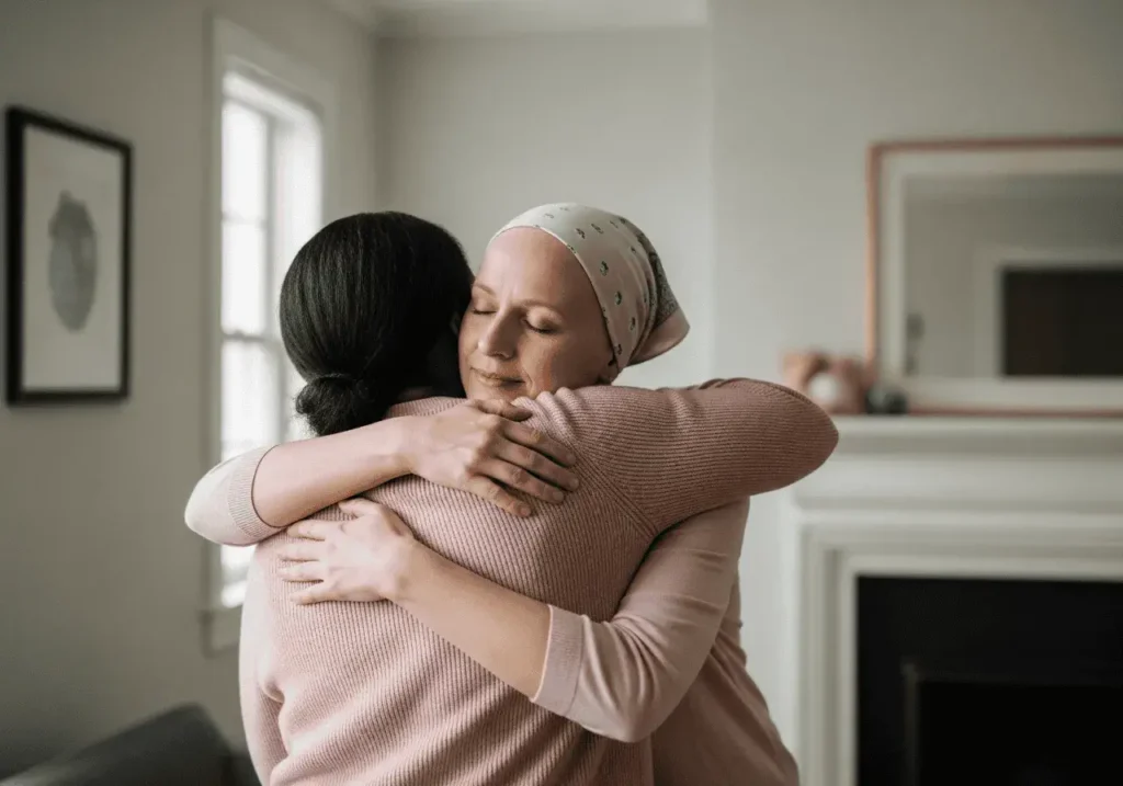 An AI-generated image of two women hugging