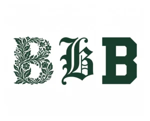 Three letter B designs from left to right botanical, blackletter, and block letter b
