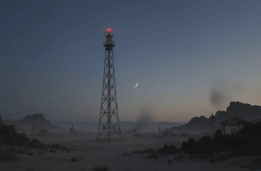 An AI-generated image of a blinking radio tower