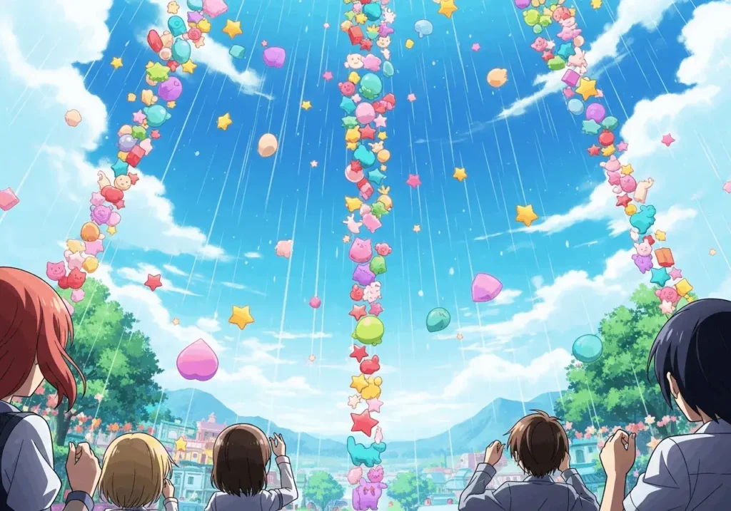 An AI-generated anime image of people watching colored symbols fall from the sky