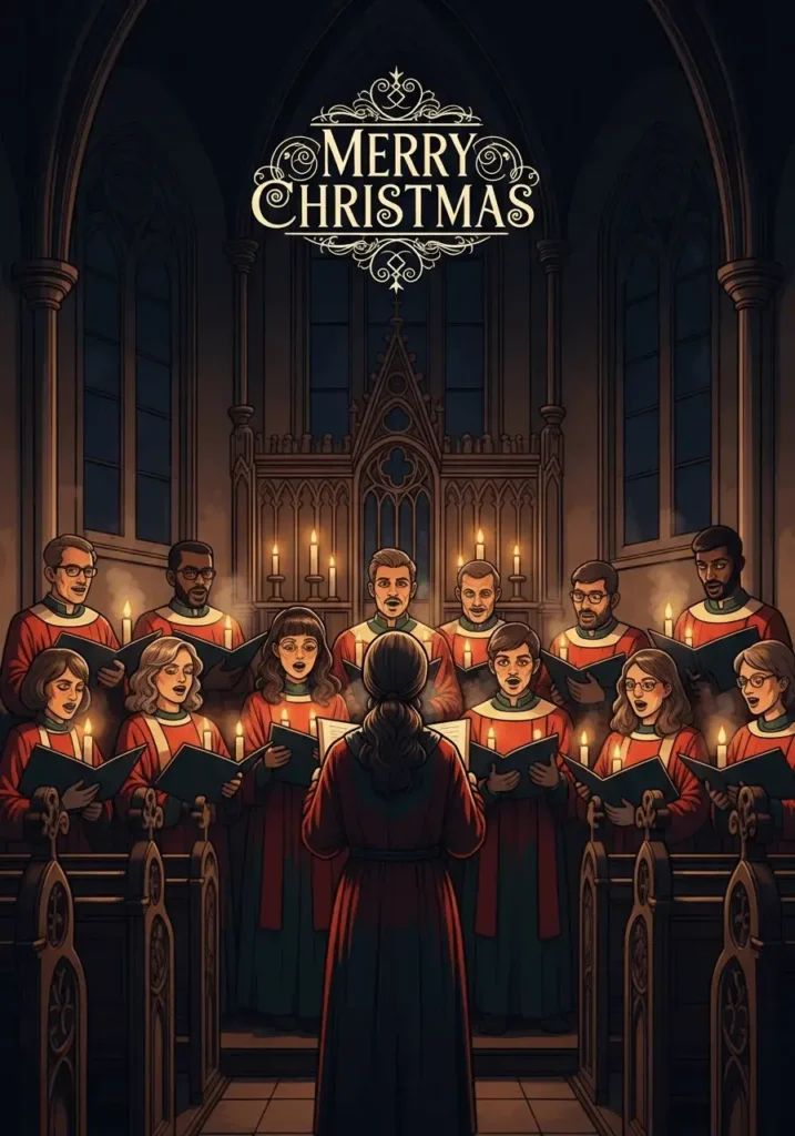 An AI-generated image of a choir singing at night