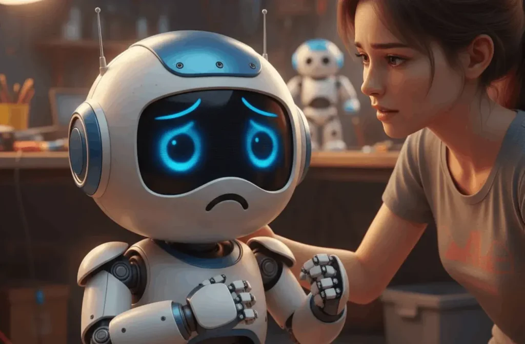 An AI-generated image of a young woman and a robot