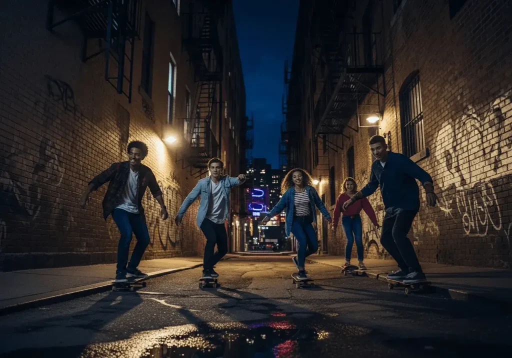 An AI-generated image of people skateboarding in an alleyway