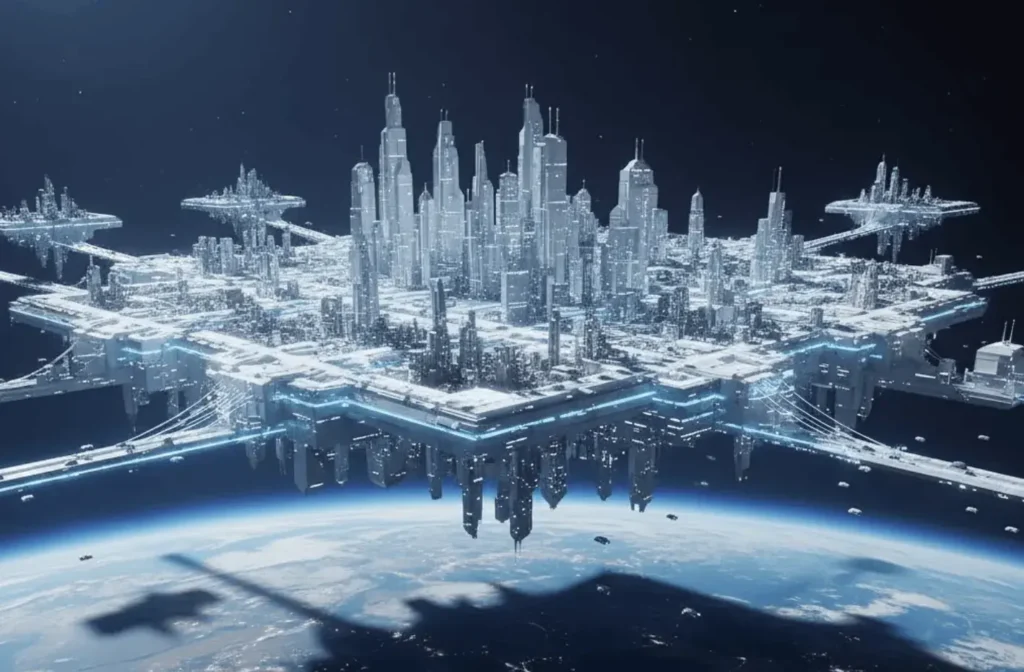 An AI-generated image of a city in the sky