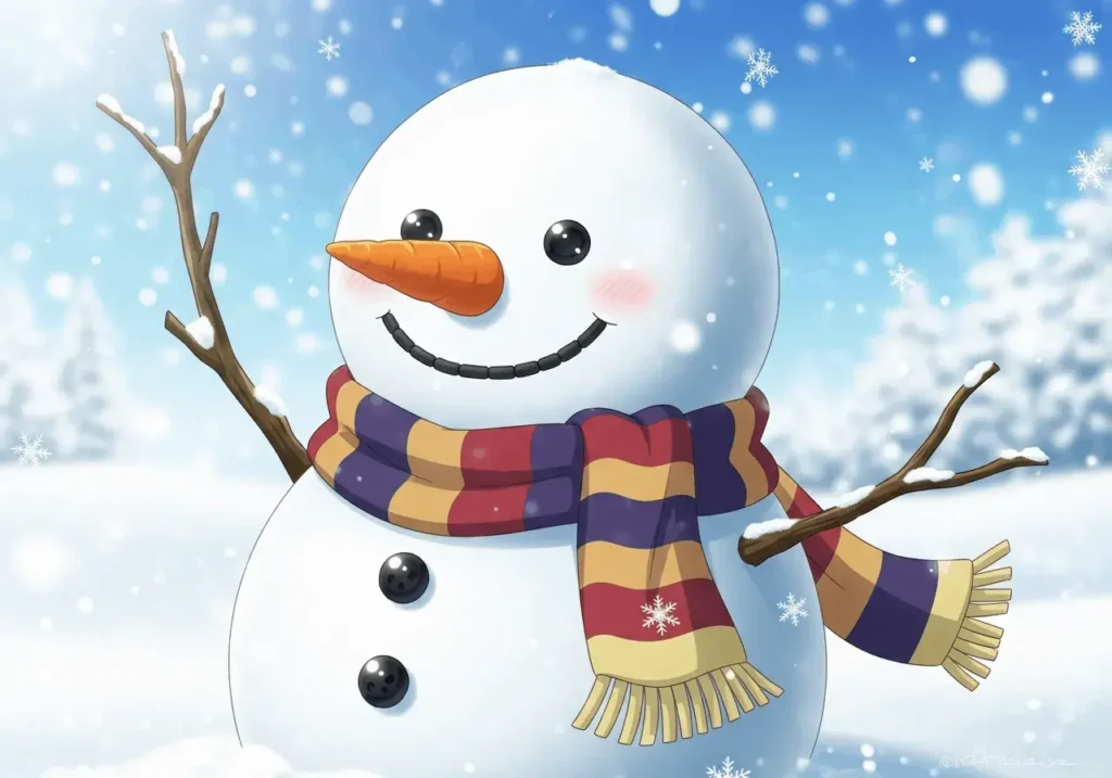 An AI-generated image of a waving snowman