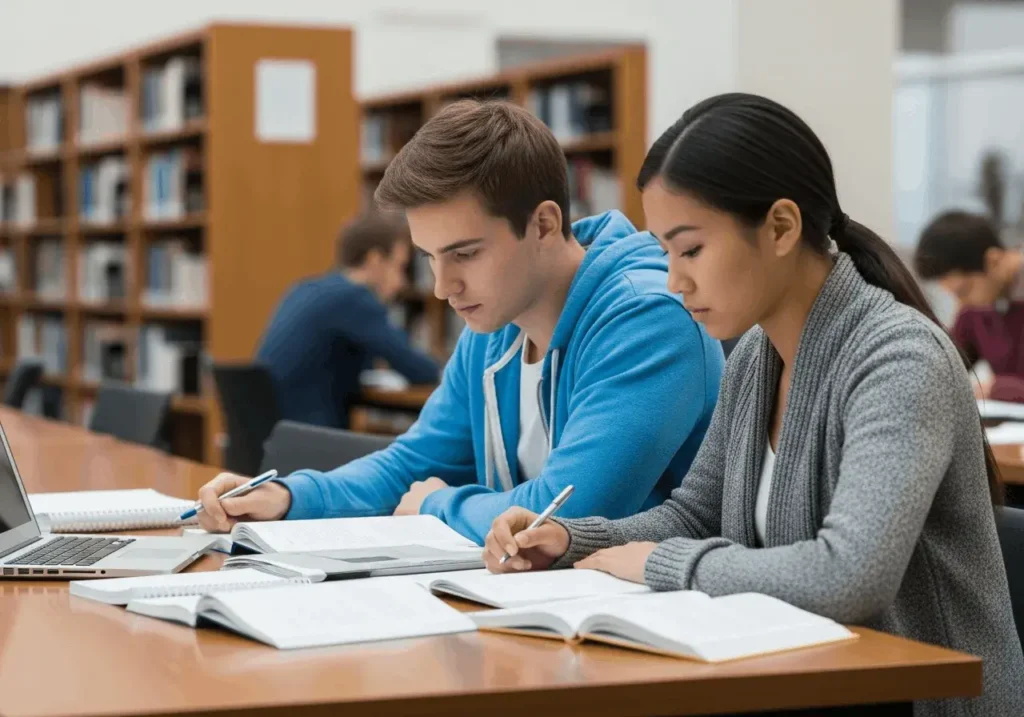 An AI-generated image of two university students studying