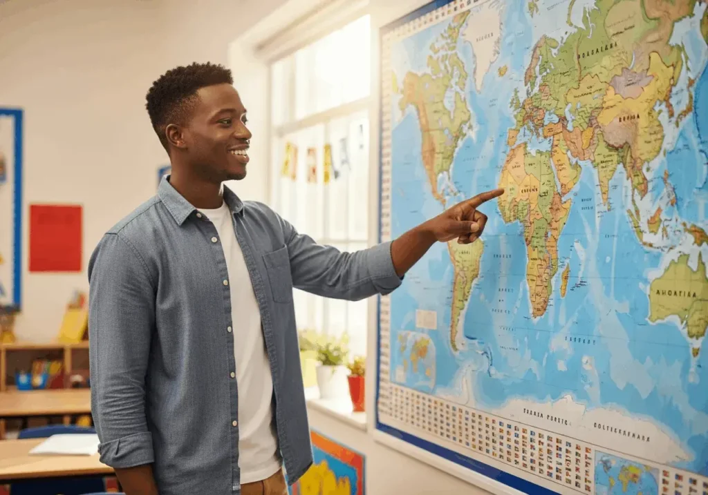 An AI-generated image of a teacher pointing to a map