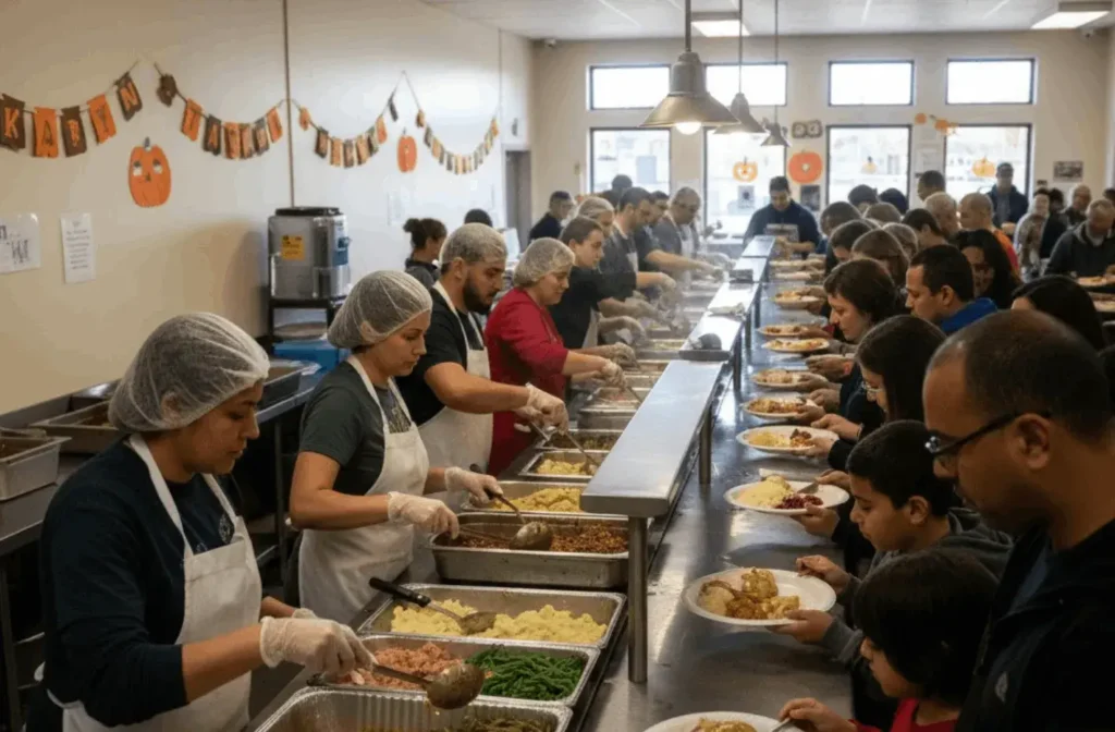 An AI-generated image of a soup kitchen on Thanksgiving