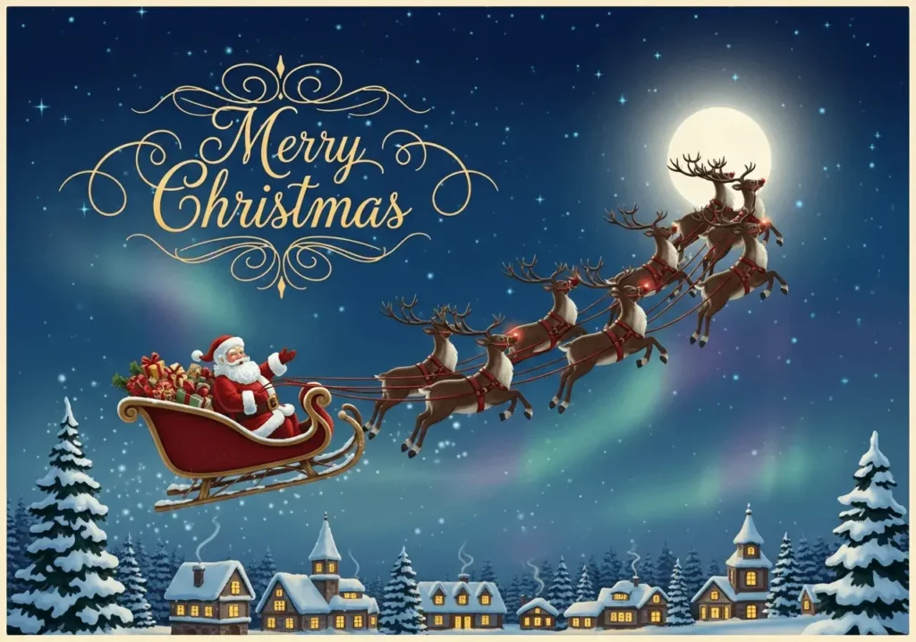 An AI-generated image of Santa in his flying sleigh