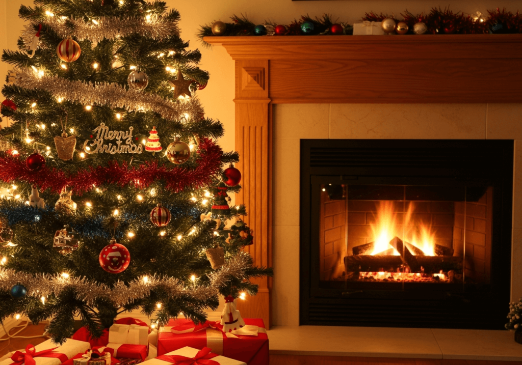 An AI-generated image of a Christmas tree next to the fire