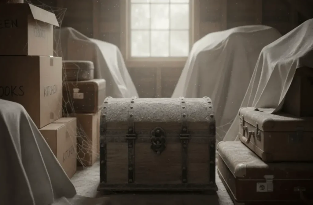 An AI-generated image of a dusty trunk in an attic
