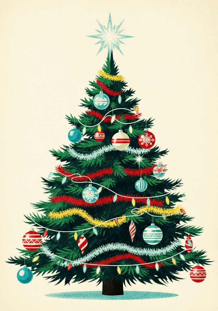 An AI-generated image of a vintage-style Christmas tree