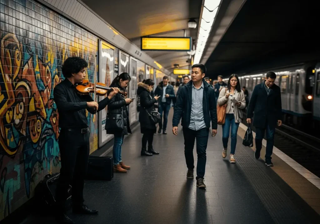 An AI-generated image of a subway violinist